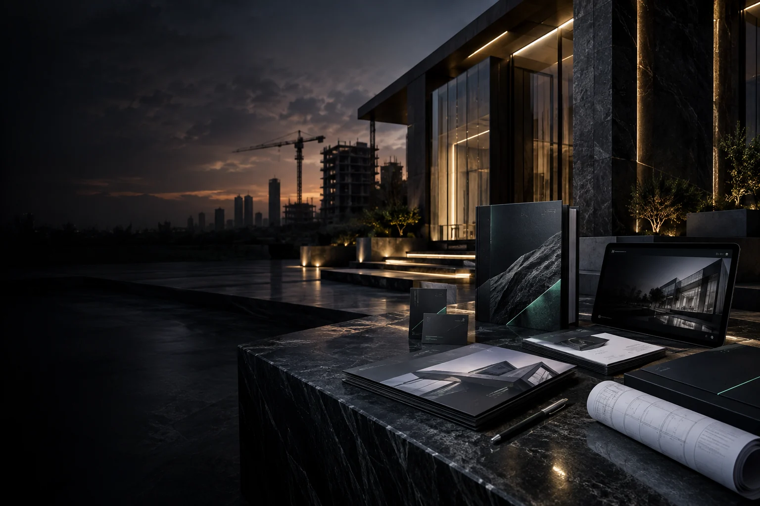 مشهد معماري فاخر مع تقديم هوية بصرية احترافية