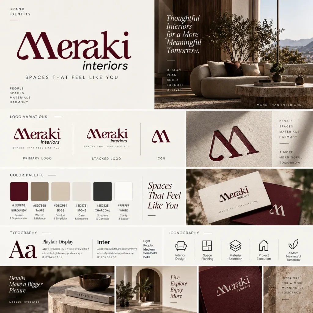 Meraki identity board with logo, palette and typography